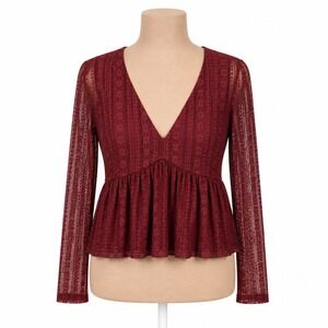 Y2K Floral‎ Fairy Lace Mesh Babydoll Top Size M Red Stretch Romantic Whimsigoth